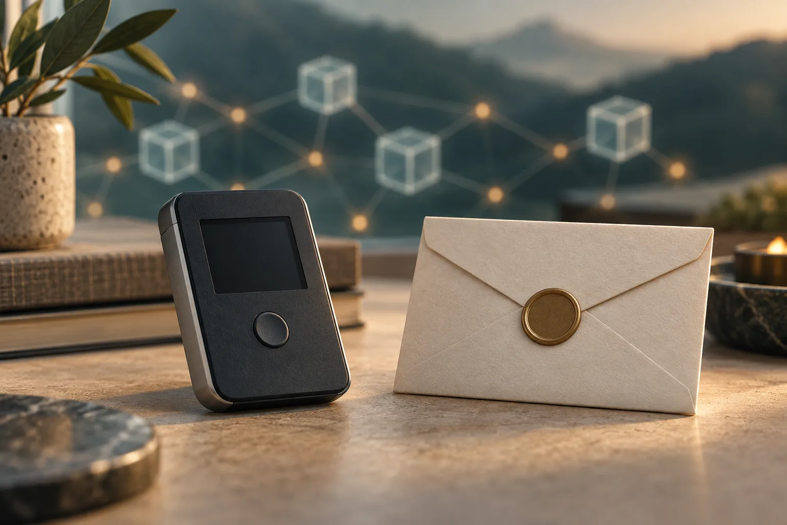 Hvordan lagres kryptovaluta – illustrasjon av en fysisk kryptolommebok og sikkerhetskopi