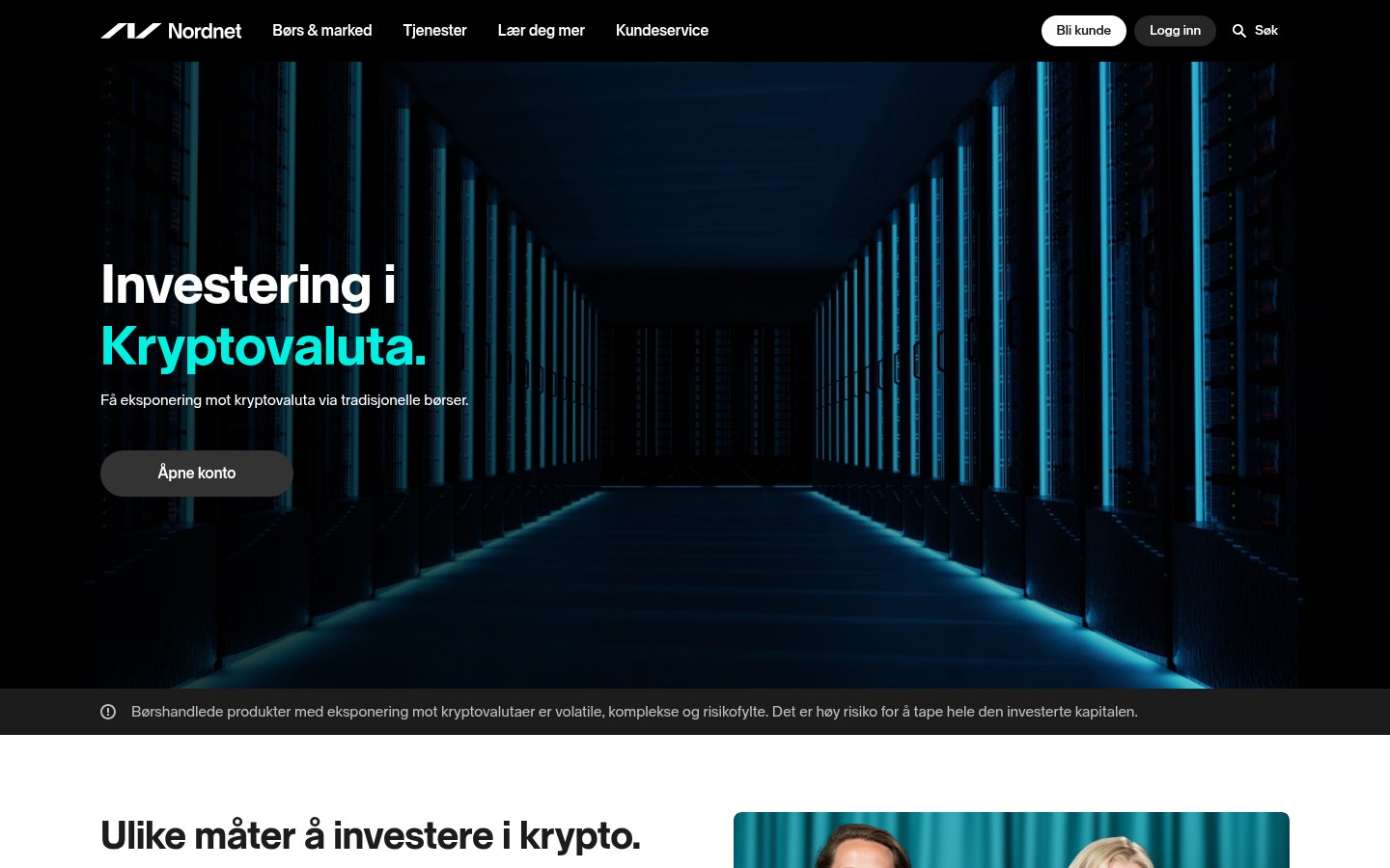 Nordnets kryptoside med oversikt over produkter som følger bitcoin og andre kryptovalutaer